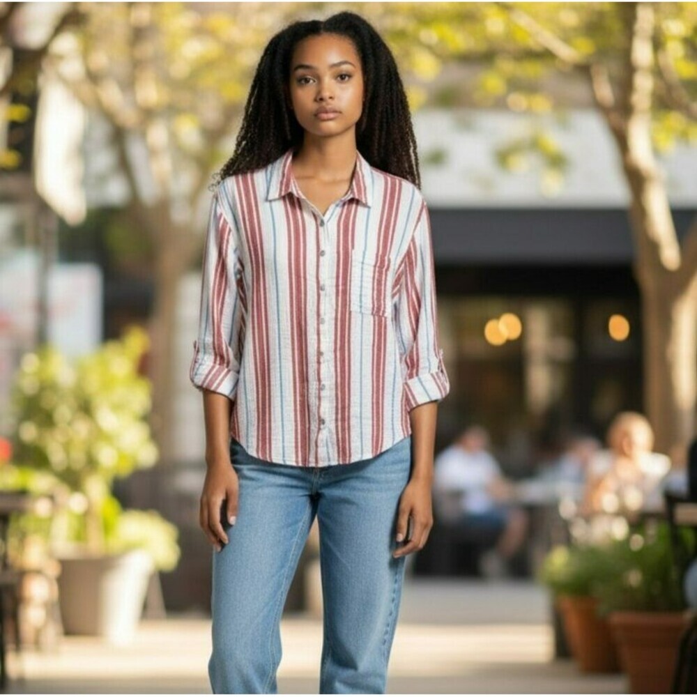 Maurices Womens Size XL Red Blue White Striped Gauzy Long Sleeve Button Up Shirt